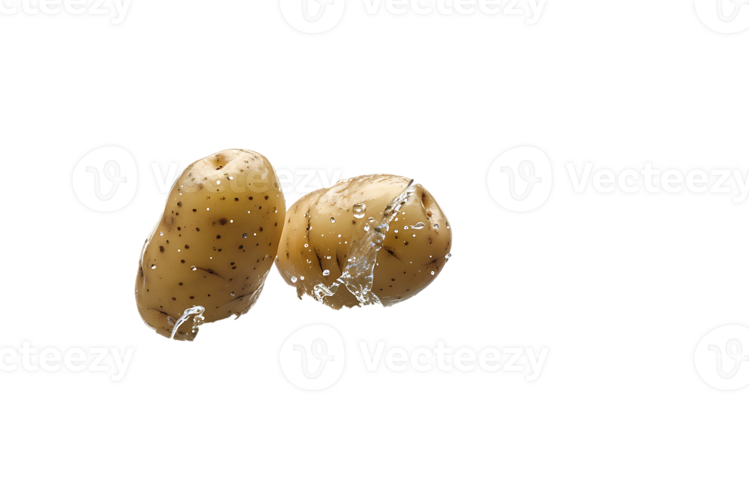 Two flying potatoes with water splash, isolated against a transparent background png