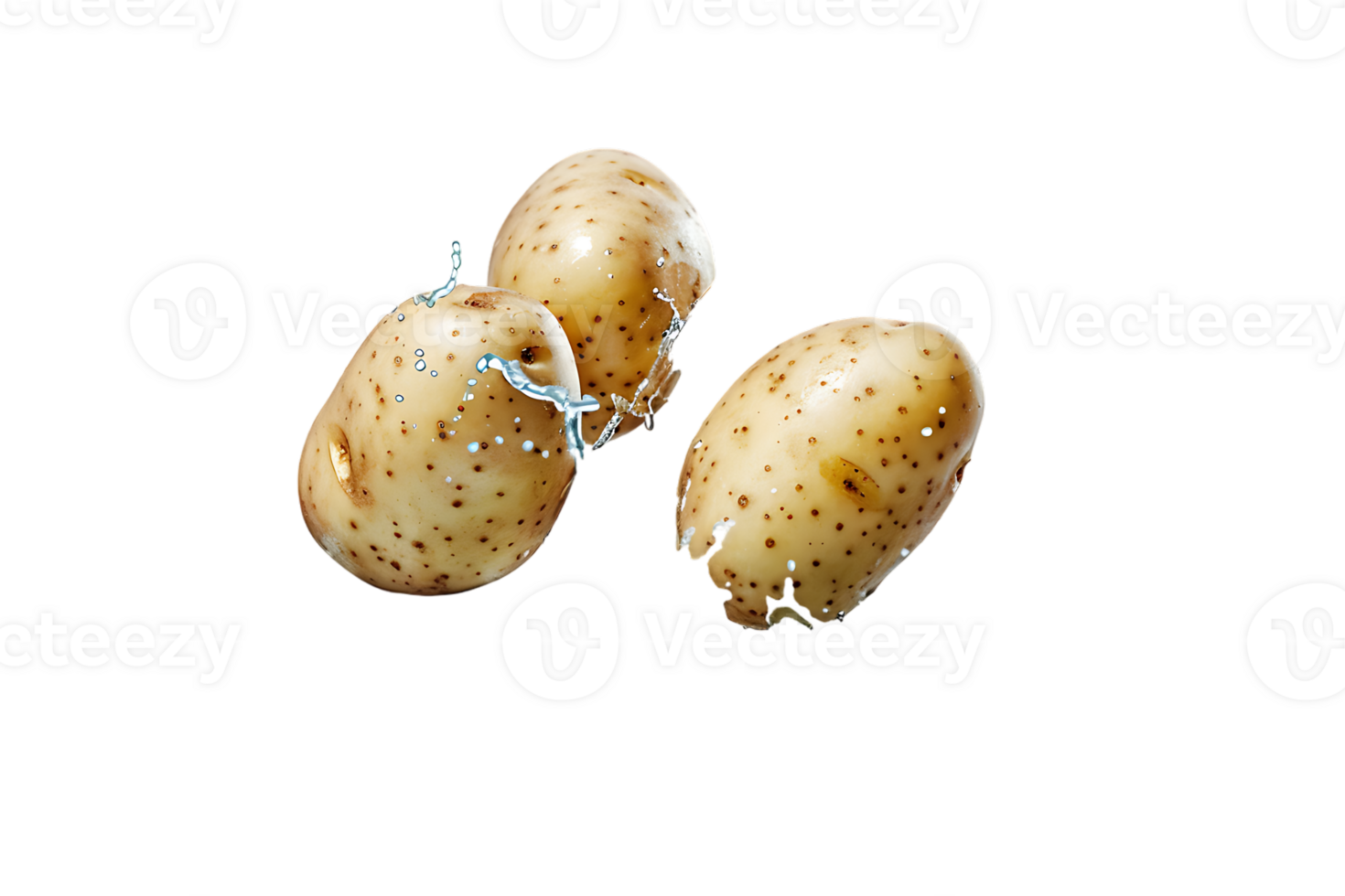 Two flying potatoes with water splash, isolated against a transparent background png