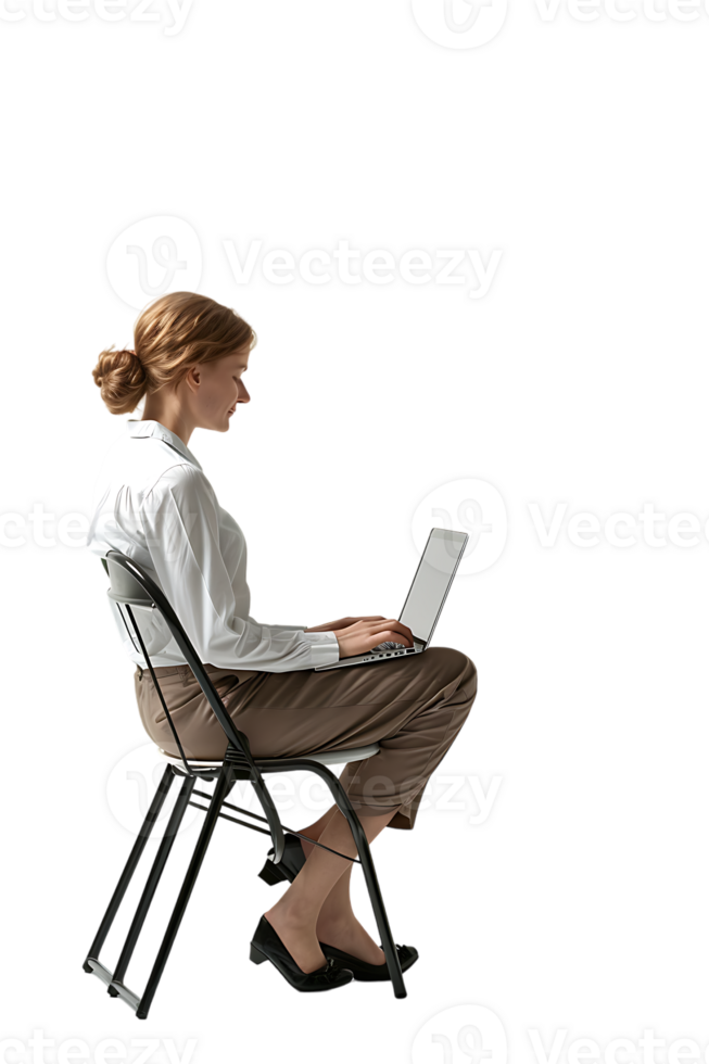woman sitting on a chair and using a laptop, isolated against a transparent background png