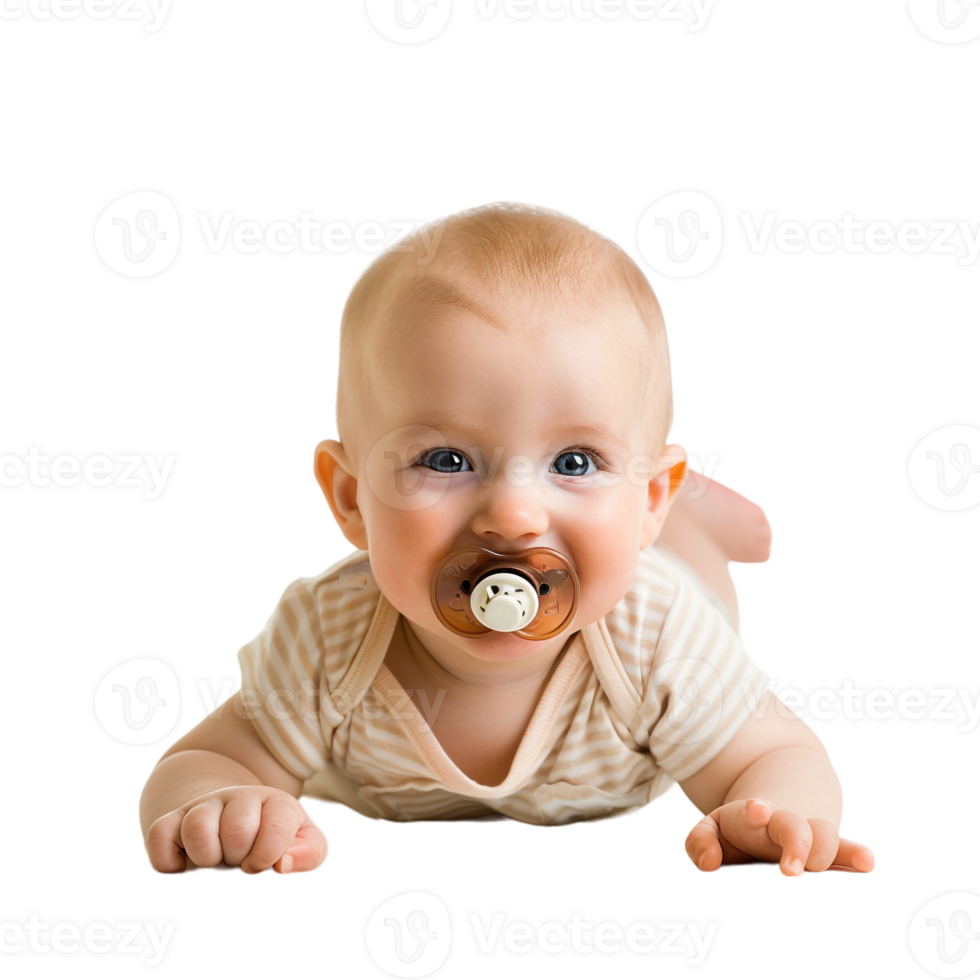 smiling baby lying on the floor with a pacifier in its mouth png