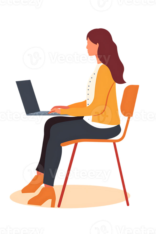 woman sitting on a chair and using a laptop, isolated against a transparent background png