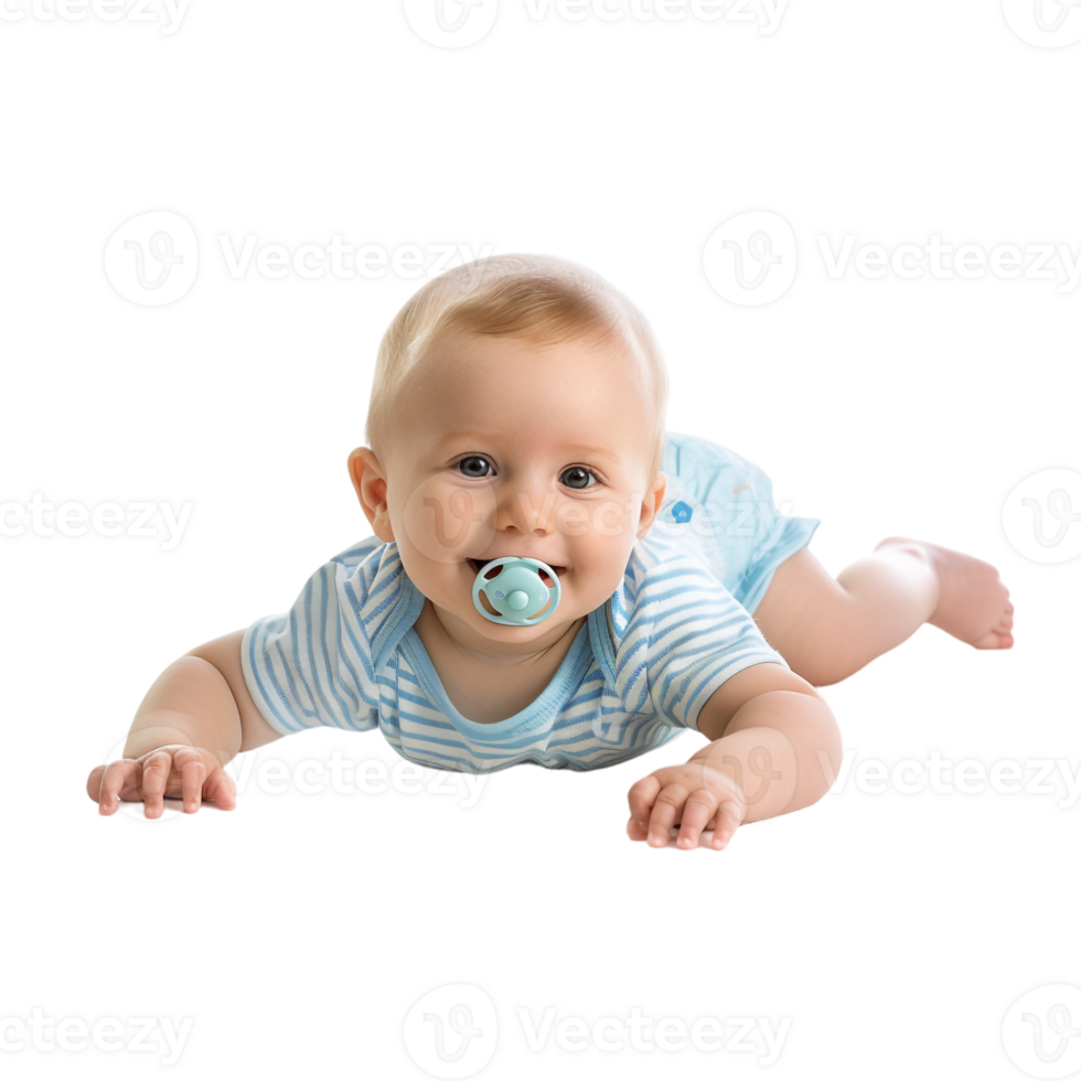 smiling baby lying on the floor with a pacifier in its mouth png
