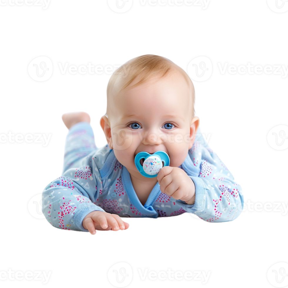 smiling baby lying on the floor with a pacifier in its mouth png