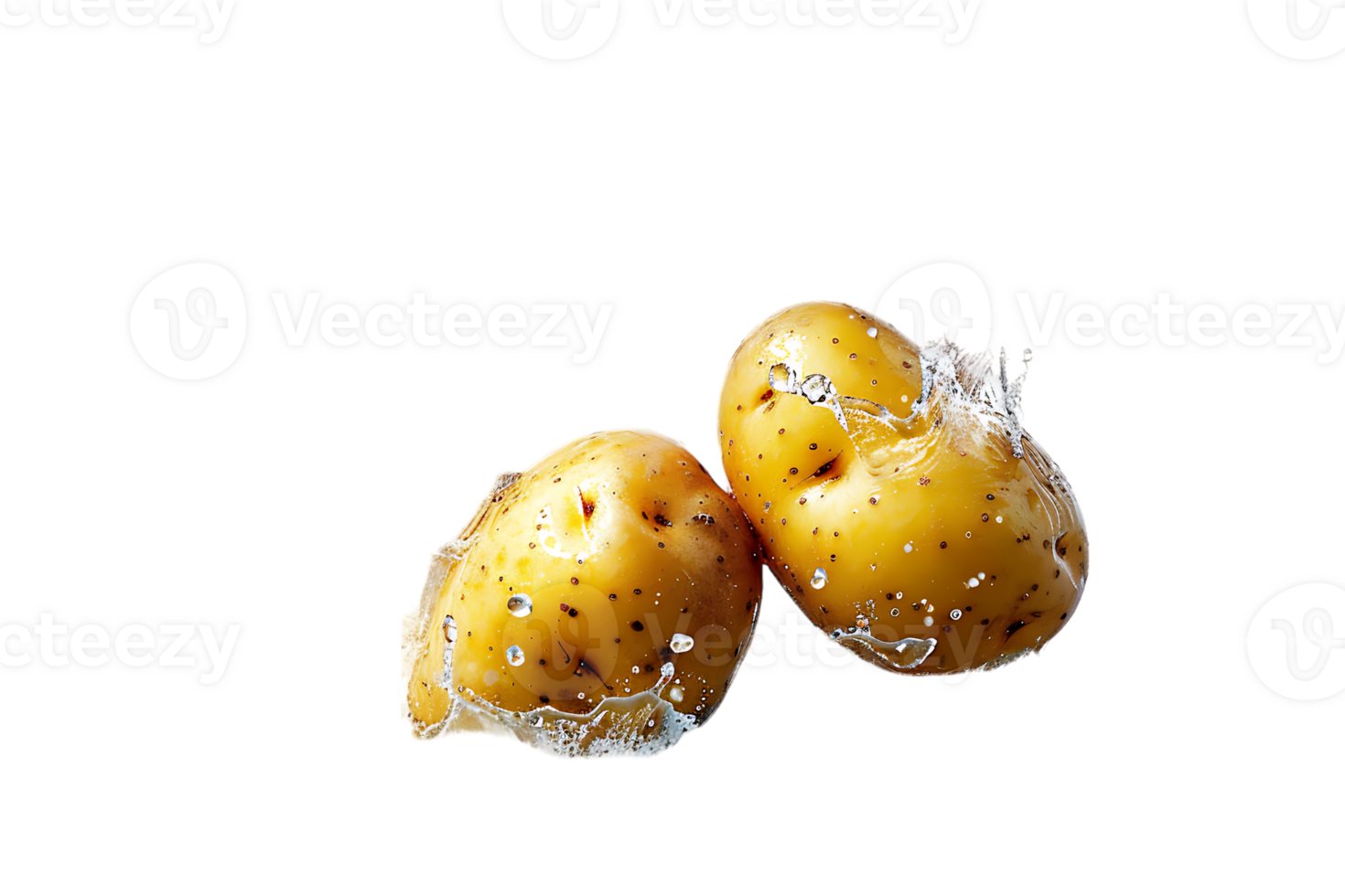 Two flying potatoes with water splash, isolated against a transparent background png