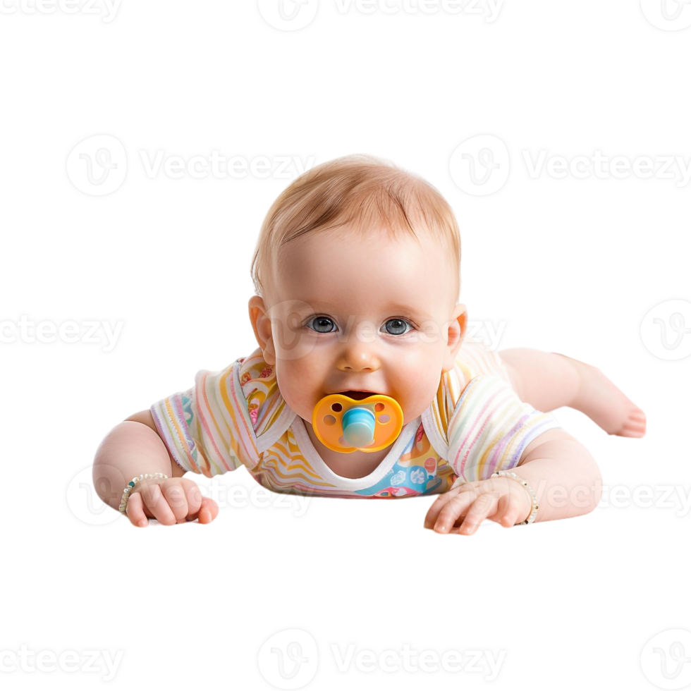 smiling baby lying on the floor with a pacifier in its mouth png