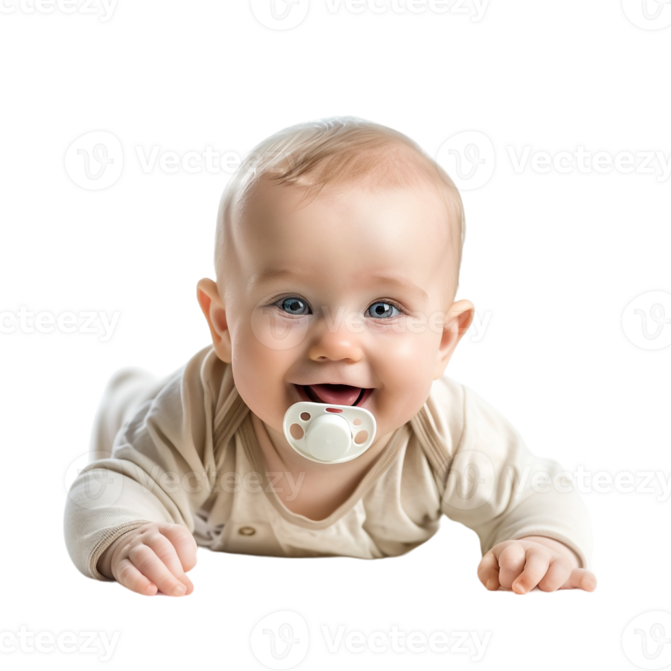 smiling baby lying on the floor with a pacifier in its mouth png