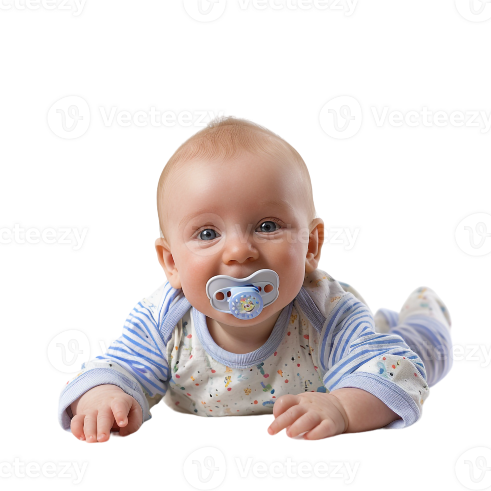 smiling baby lying on the floor with a pacifier in its mouth png