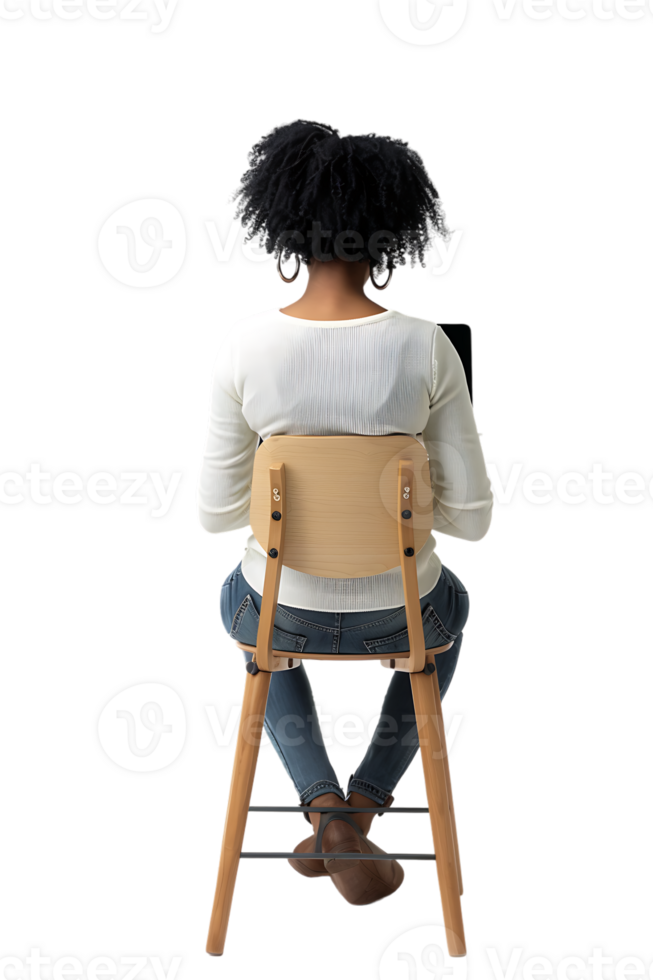 woman sitting on a chair and using a laptop, isolated against a transparent background png