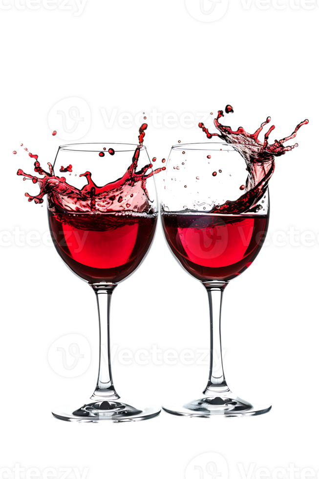 Two red wine glasses toasting with splash, isolated on transparent background png