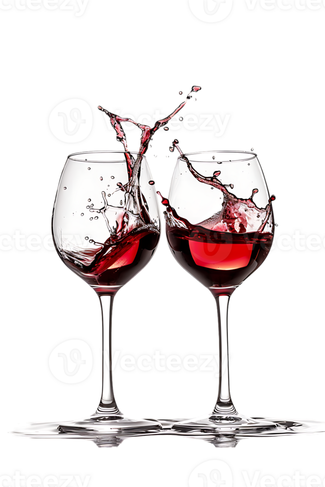Two red wine glasses toasting with splash, isolated on transparent background png