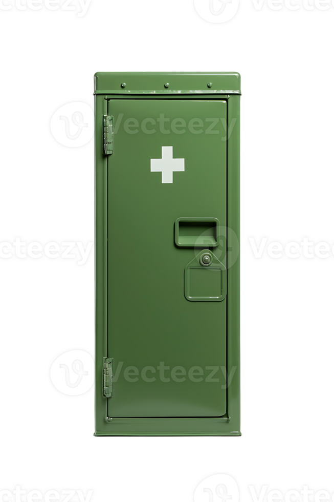 Vertical green first aid cabinet isolated against transparent backdrop png