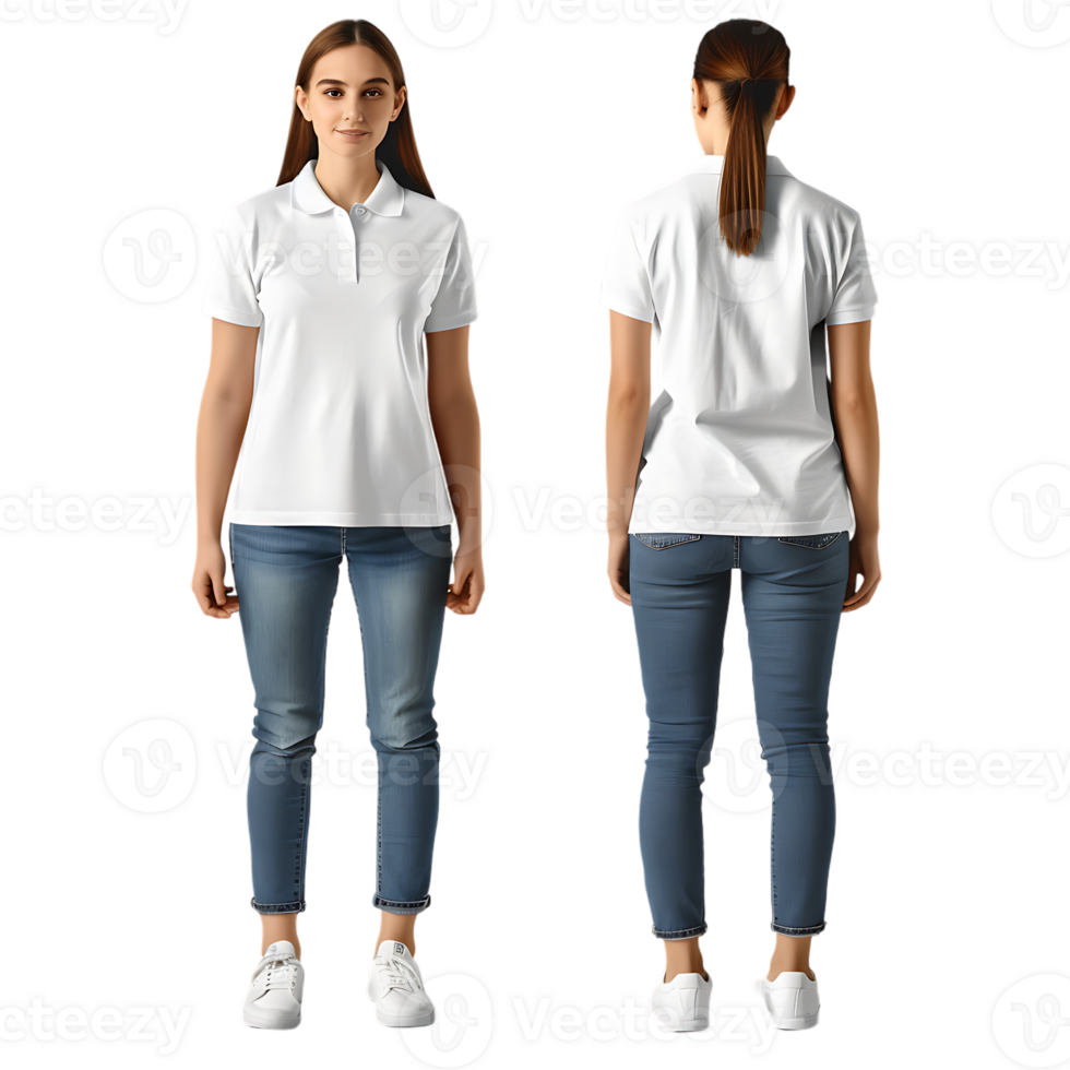 woman wearing a front and back shirt mockup, against a transparent background png