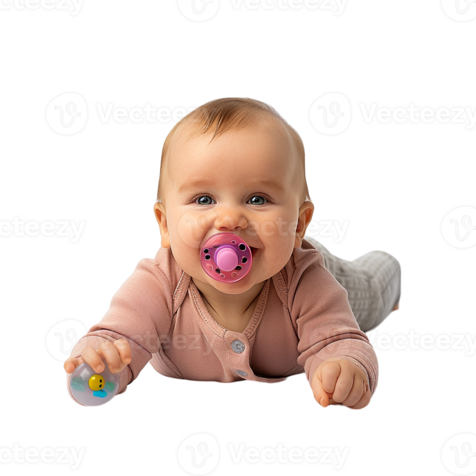 smiling baby lying on the floor with a pacifier in its mouth png