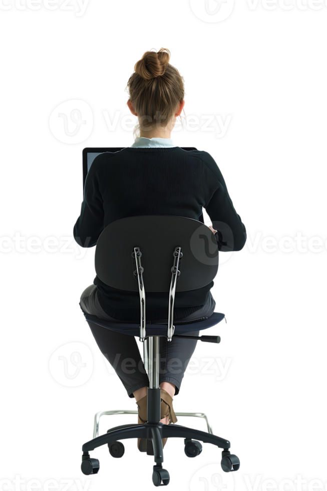 woman sitting on a chair and using a laptop, isolated against a transparent background png