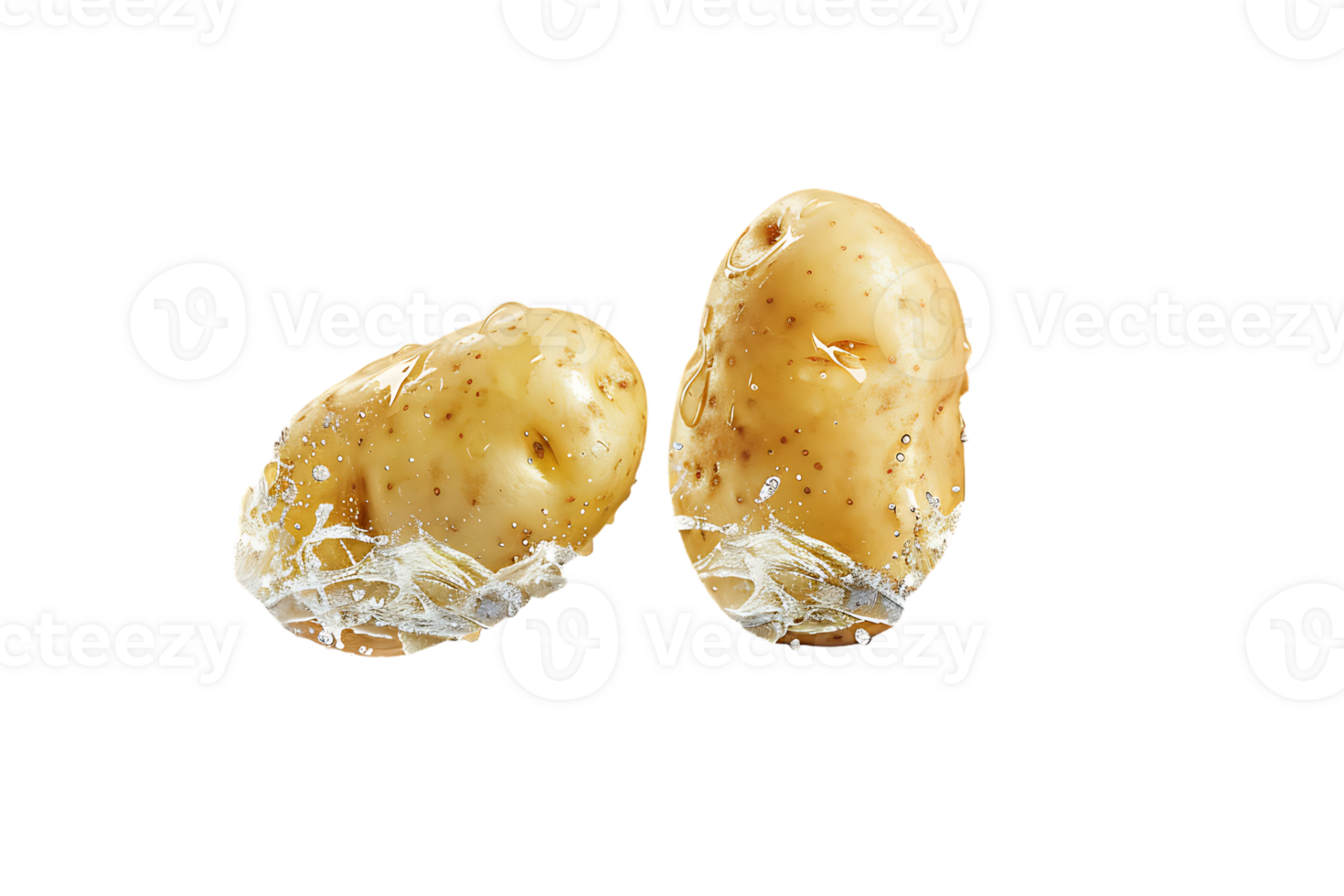 Two flying potatoes with water splash, isolated against a transparent background png