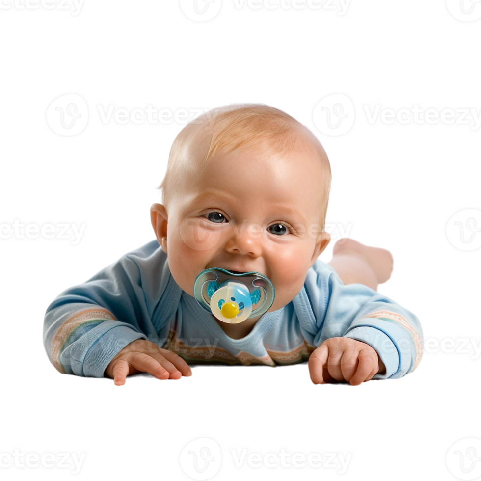 smiling baby lying on the floor with a pacifier in its mouth png