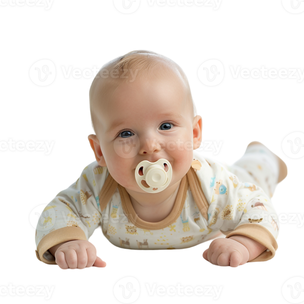 smiling baby lying on the floor with a pacifier in its mouth png