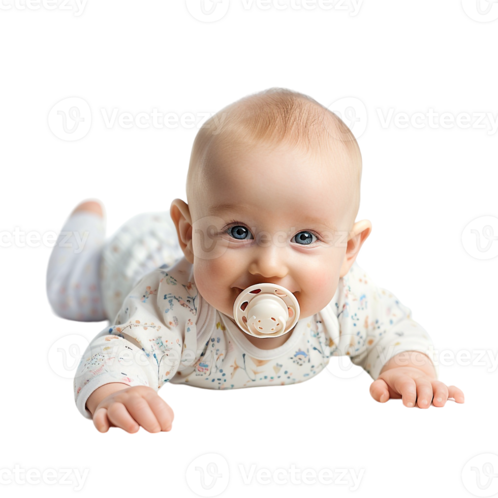 smiling baby lying on the floor with a pacifier in its mouth png