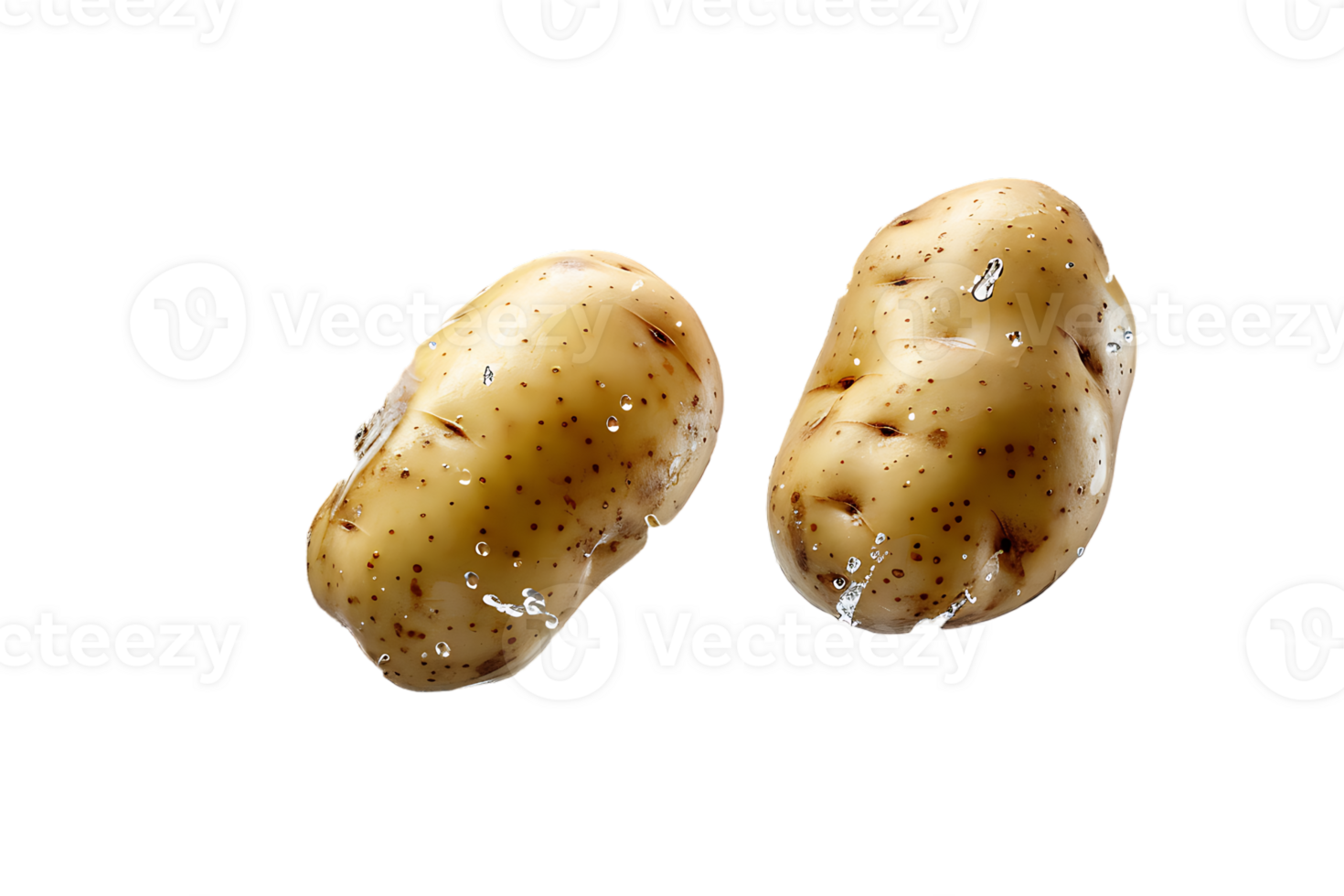 Two flying potatoes with water splash, isolated against a transparent background png