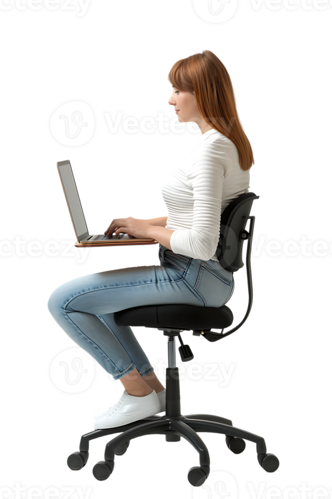 woman sitting on a chair and using a laptop, isolated against a transparent background png
