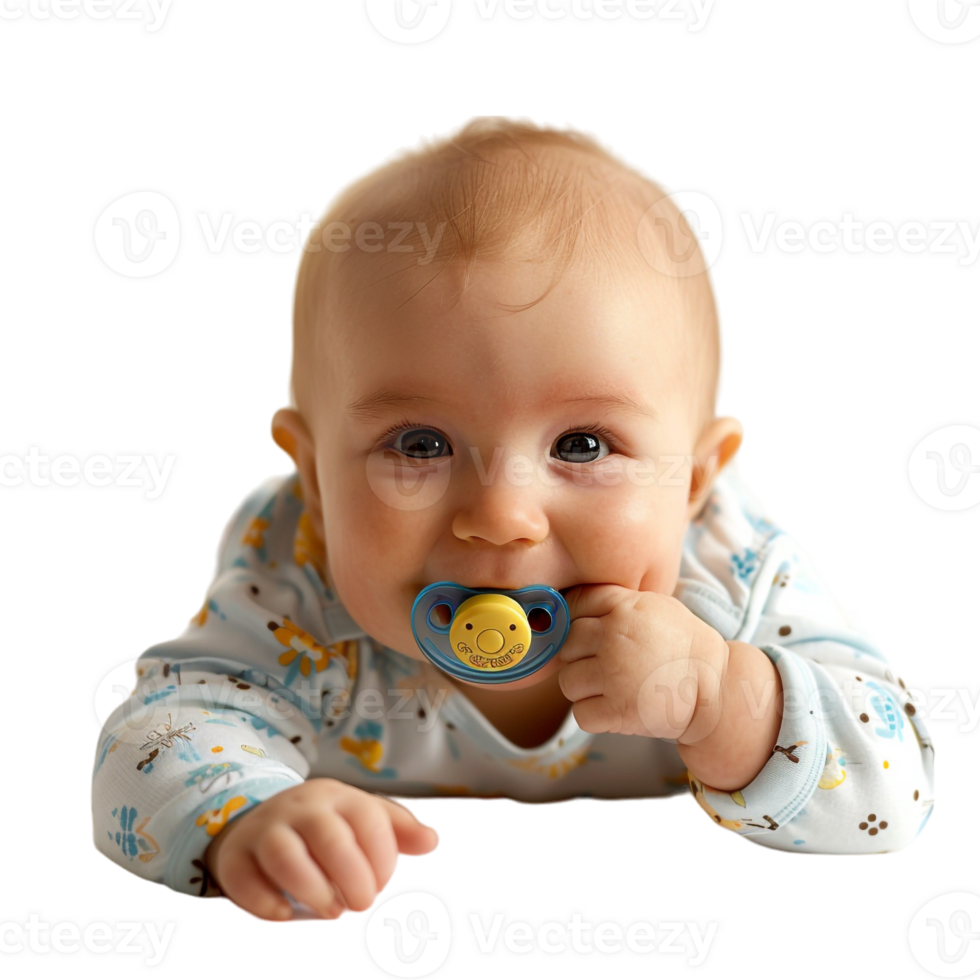 smiling baby lying on the floor with a pacifier in its mouth png