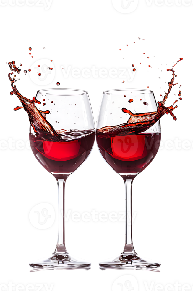 Two red wine glasses toasting with splash, isolated on transparent background png