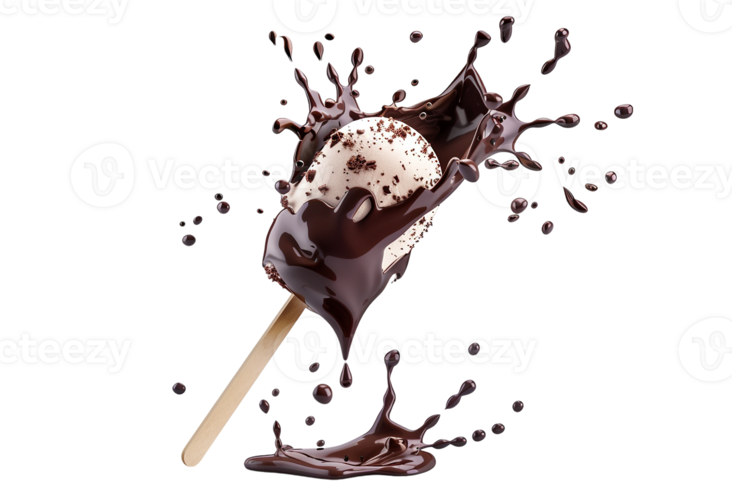 stick kulfa ice cream with a chocolate splash, isolated against a transparent background png