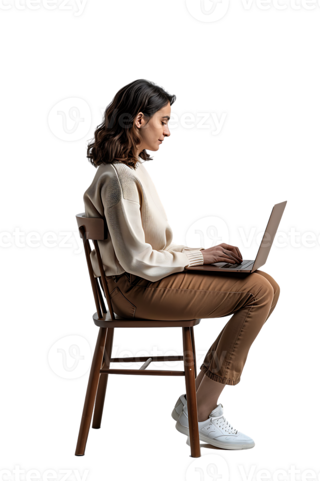 woman sitting on a chair and using a laptop, isolated against a transparent background png