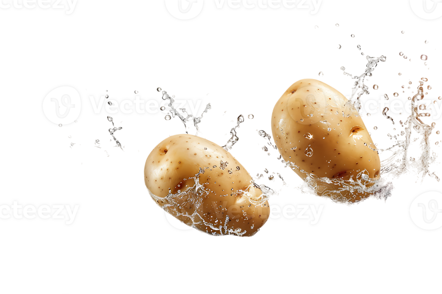 Two flying potatoes with water splash, isolated against a transparent background png