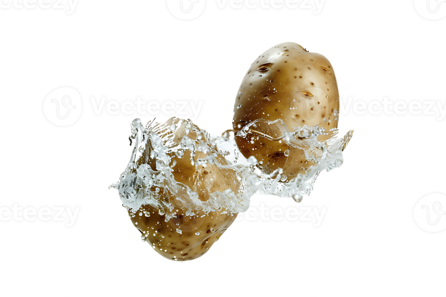 Two flying potatoes with water splash, isolated against a transparent background png