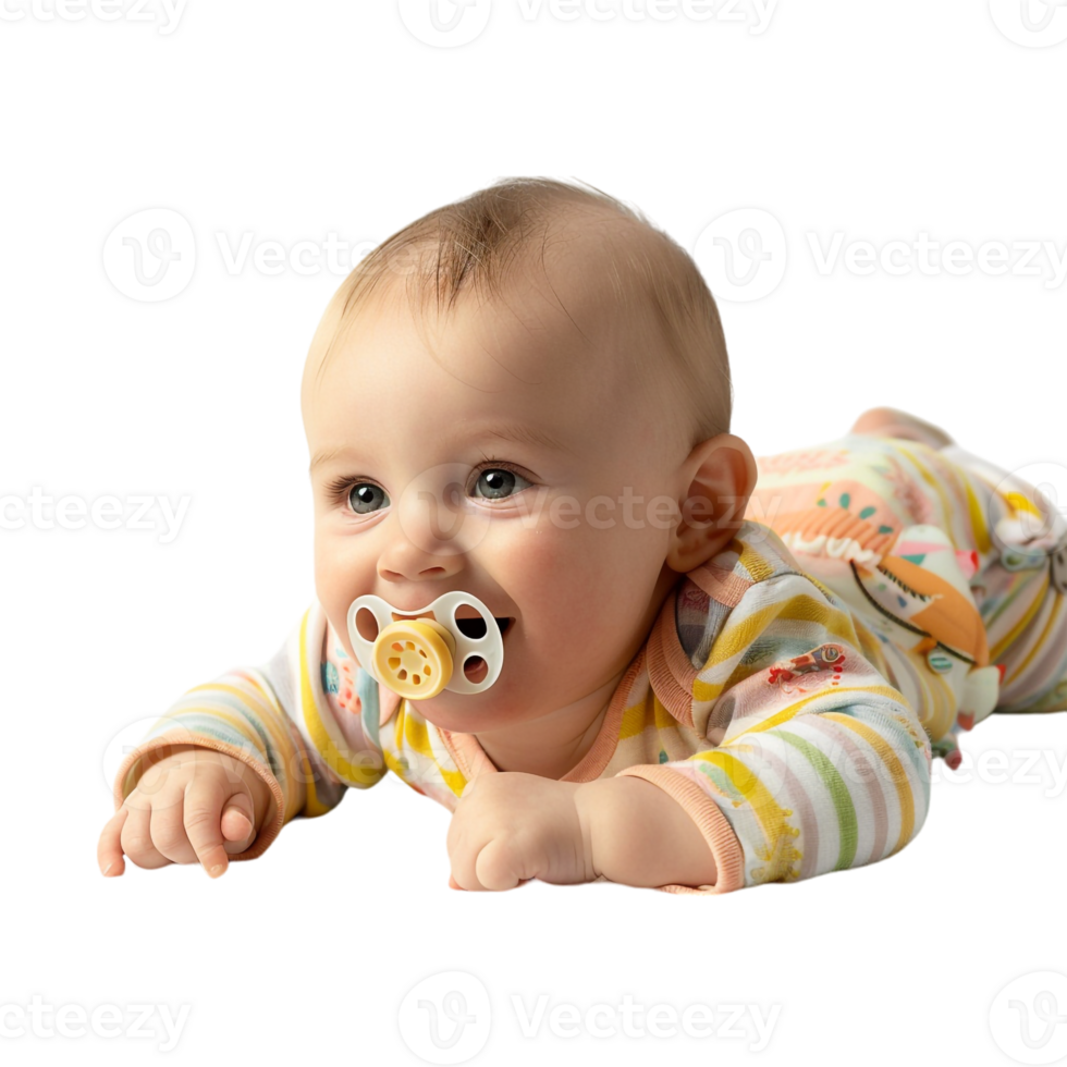 smiling baby lying on the floor with a pacifier in its mouth png
