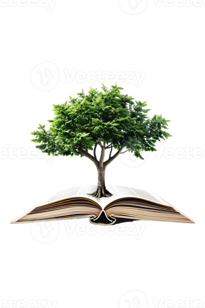 Tree emerging into an open book, isolated against a transparent background png