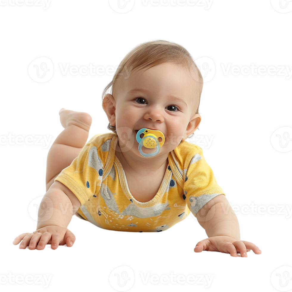 smiling baby lying on the floor with a pacifier in its mouth png