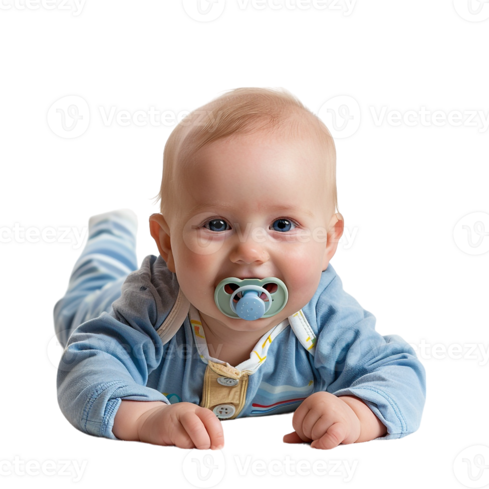 smiling baby lying on the floor with a pacifier in its mouth png