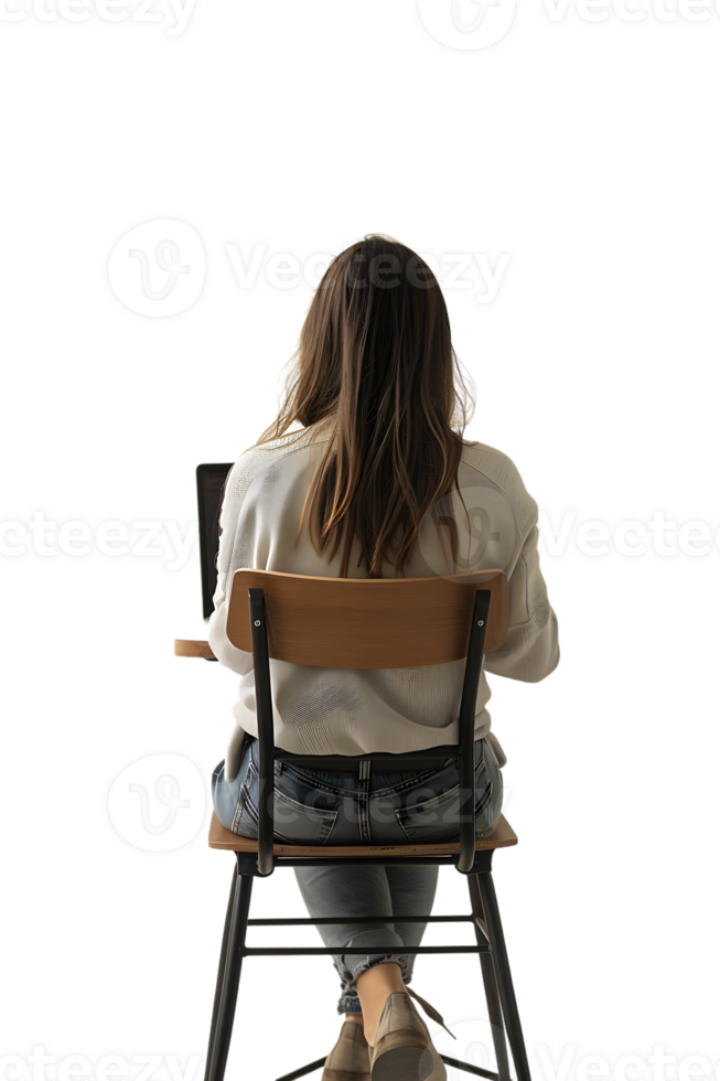 woman sitting on a chair and using a laptop, isolated against a transparent background png