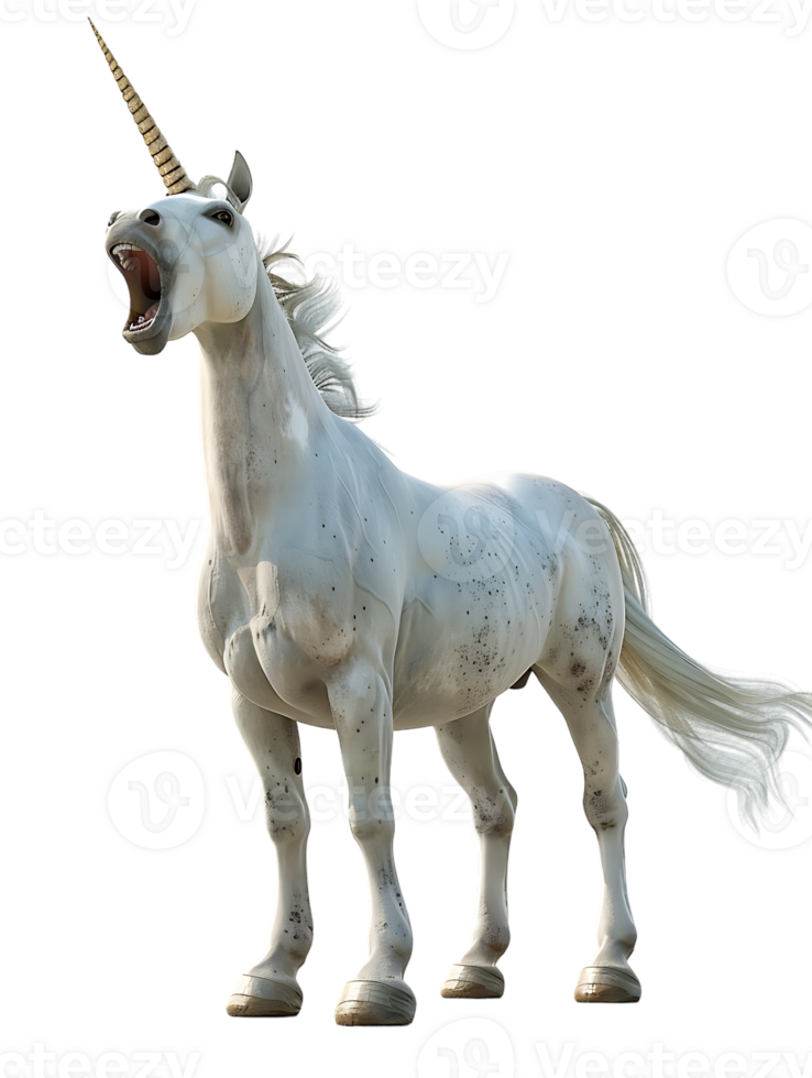 Unicorn yelling to the sky, isolated against a transparent background png
