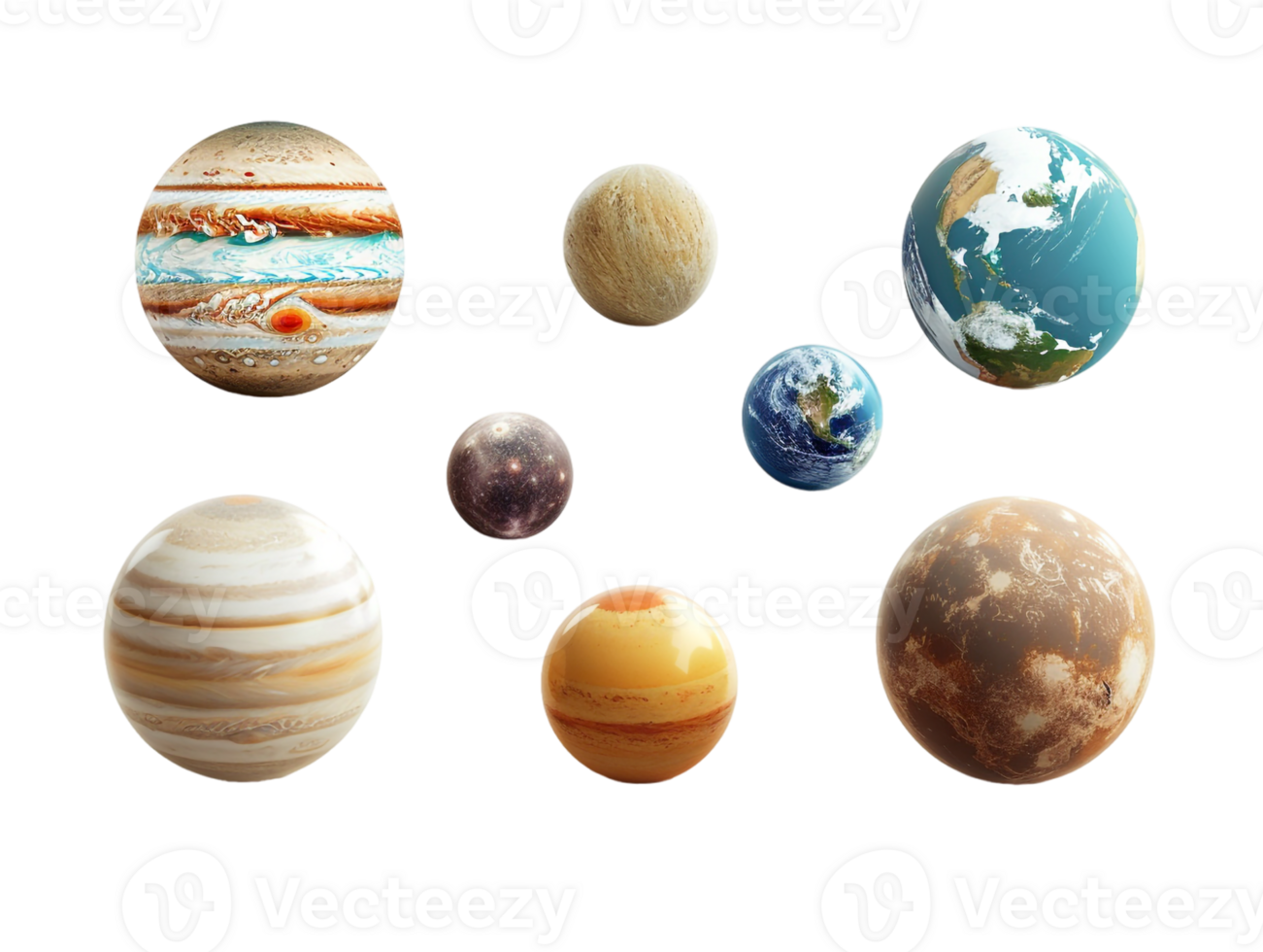 set of planets from the solar system, isolated against a transparent background png