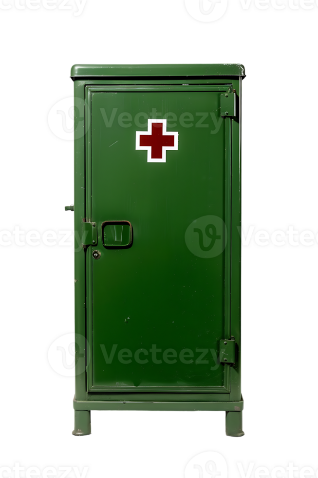 Vertical green first aid cabinet isolated against transparent backdrop png