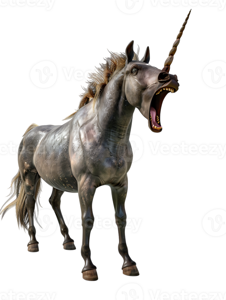 Unicorn yelling to the sky, isolated against a transparent background png