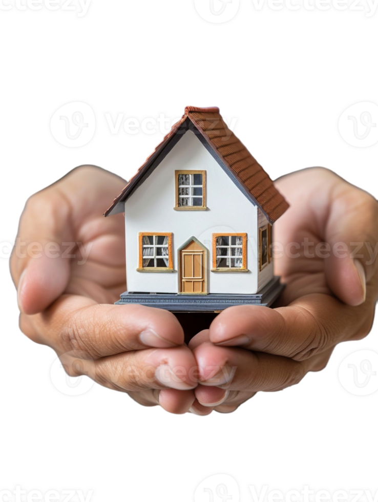 Real estate agent holding a miniature house, isolated against a transparent background png