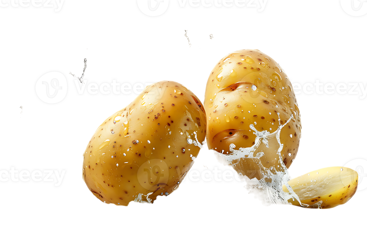 Two flying potatoes with water splash, isolated against a transparent background png