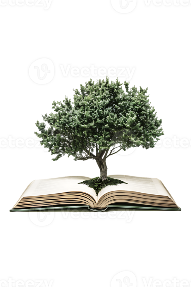 Tree emerging into an open book, isolated against a transparent background png