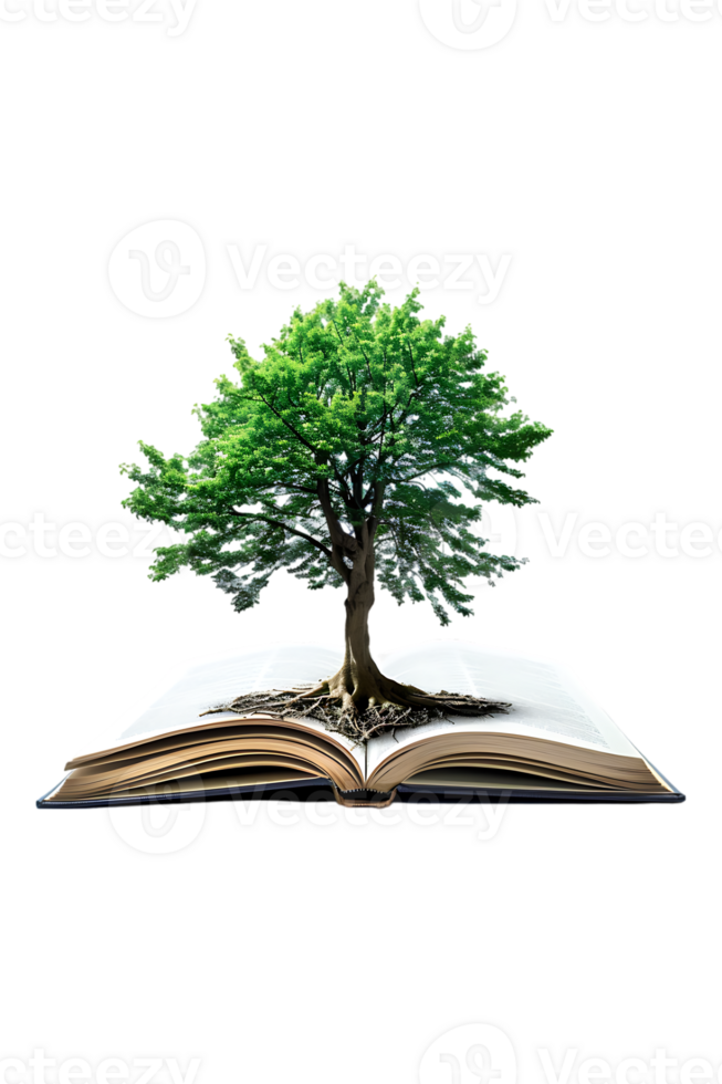 Tree emerging into an open book, isolated against a transparent background png
