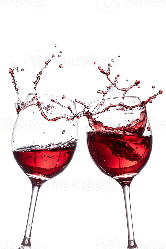 Two red wine glasses toasting with splash, isolated on transparent background png