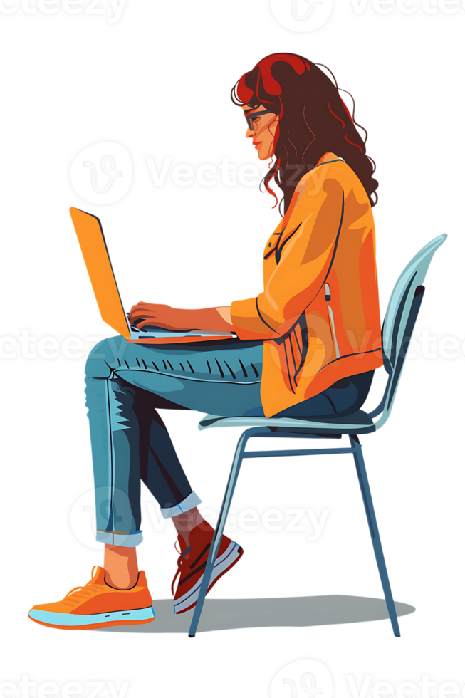 woman sitting on a chair and using a laptop, isolated against a transparent background png