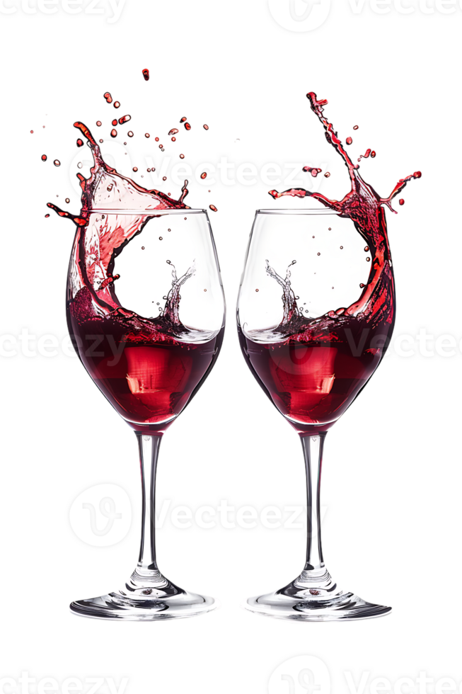 Two red wine glasses toasting with splash, isolated on transparent background png