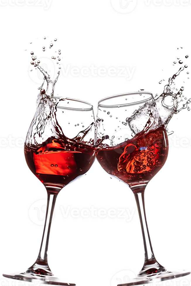 Two red wine glasses toasting with splash, isolated on transparent background png