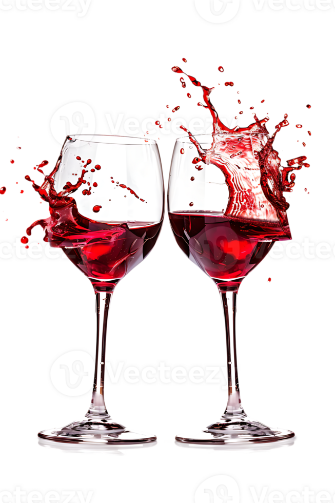 Two red wine glasses toasting with splash, isolated on transparent background png