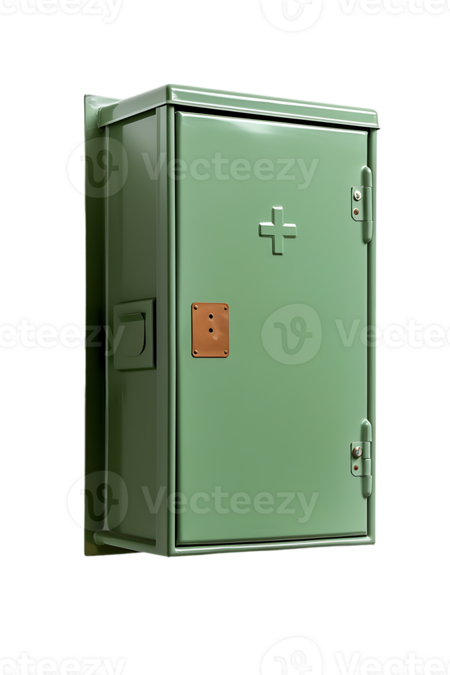 Vertical green first aid cabinet isolated against transparent backdrop png