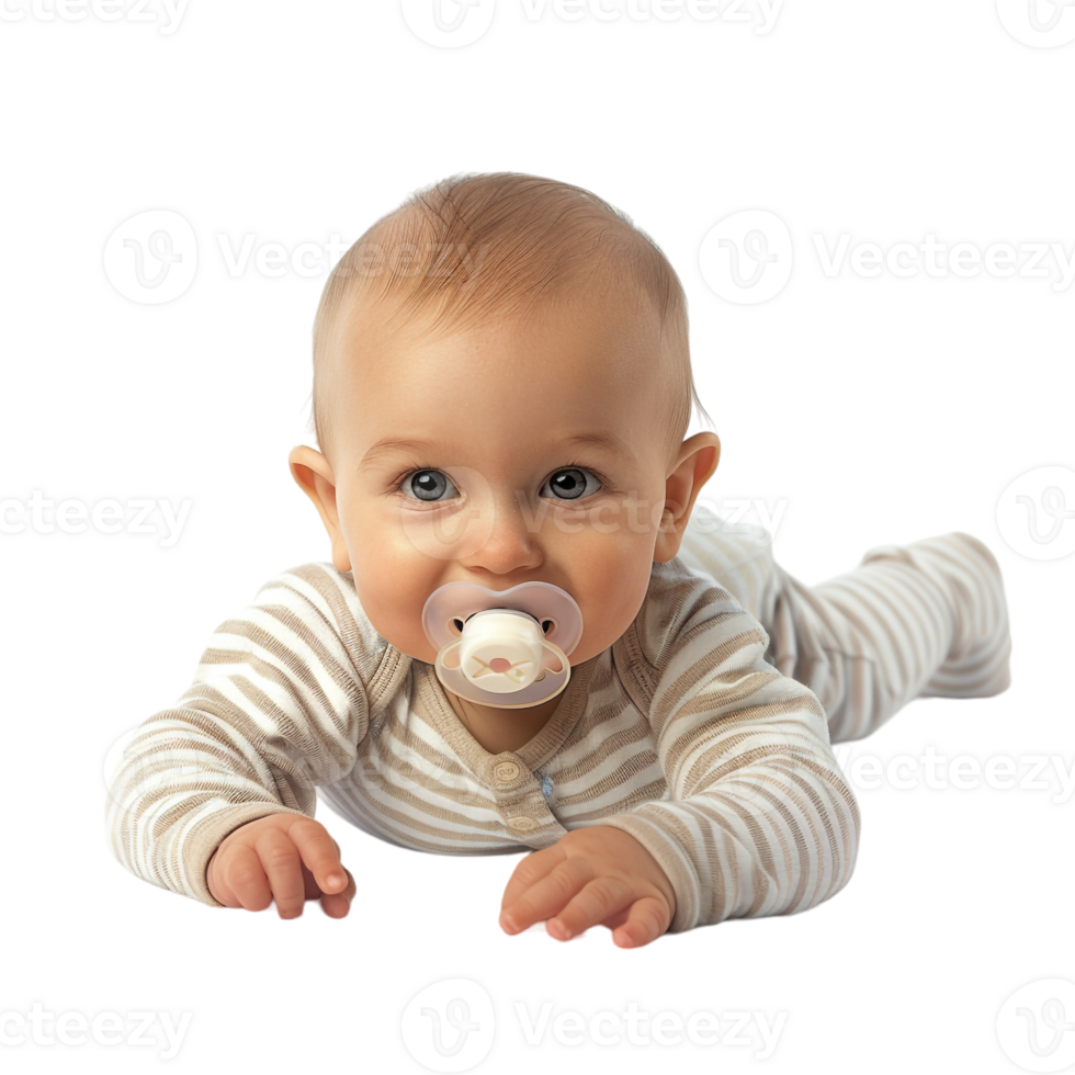 smiling baby lying on the floor with a pacifier in its mouth png